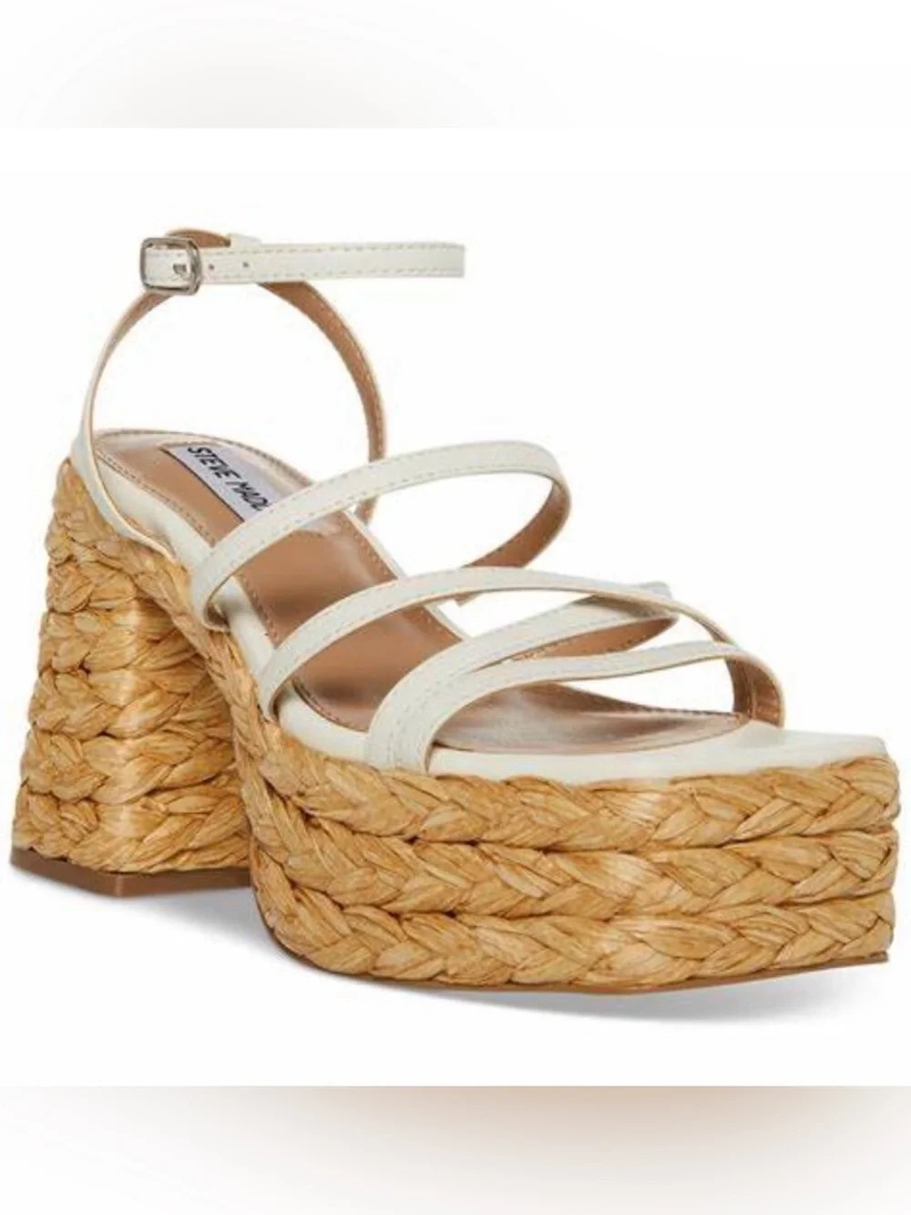 Steve Madden NWT Belise White Leather Raffia Platform Block Heel Sandals 7.5M